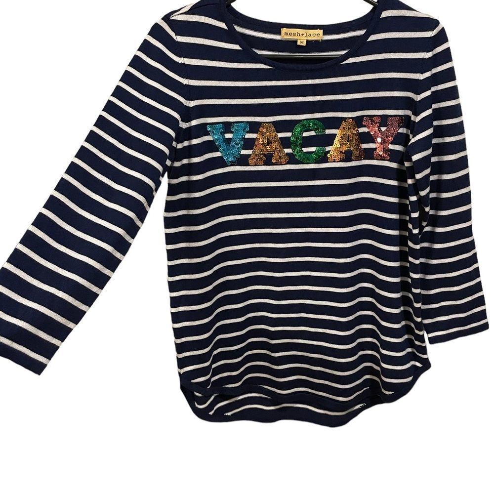 Mesh + Lace Navy Striped Rainbow Sequin Fun Vacay Destination Long Sleeve Top